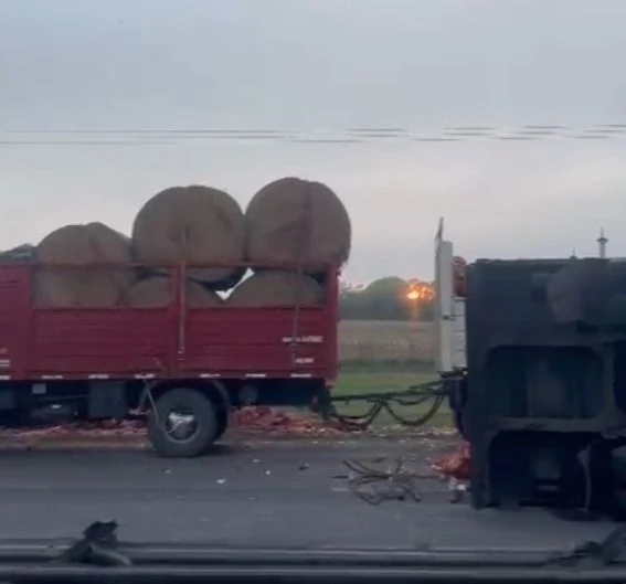 Fuerte choque entre dos camiones en la Ruta 2: uno volcó y el otro quedó destruido
